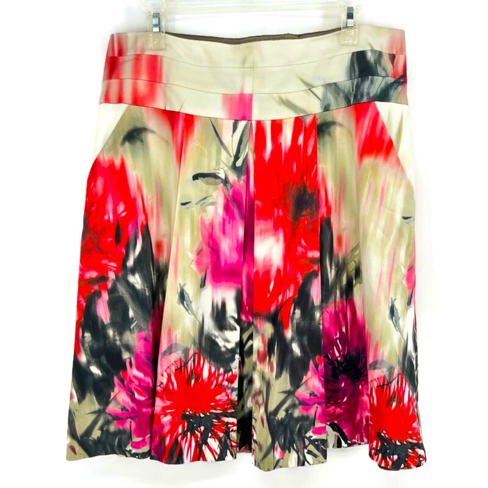 Elie Tahari Floral Skirt Pleats Pockets Women’s Sz 12 Pink Red Cream Black